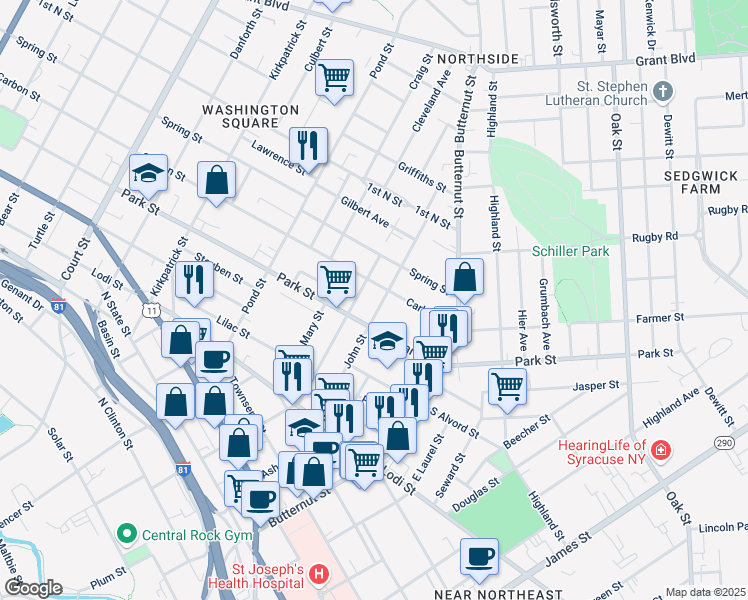 map of restaurants, bars, coffee shops, grocery stores, and more near 710 East Division Street in Syracuse