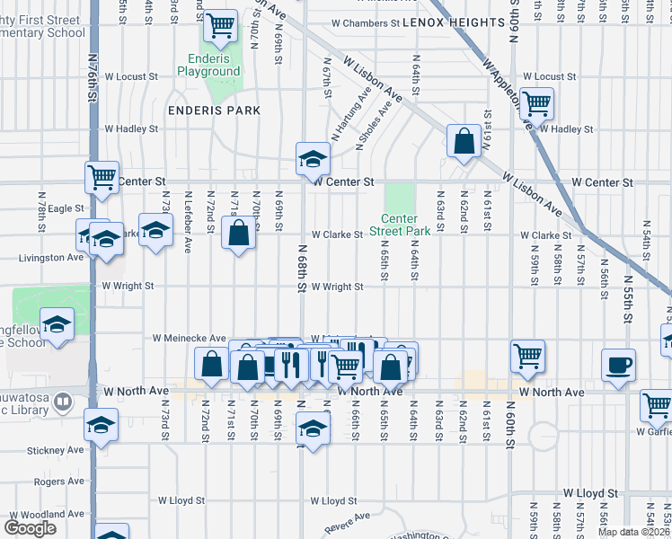 map of restaurants, bars, coffee shops, grocery stores, and more near 2524 North 67th Street in Wauwatosa