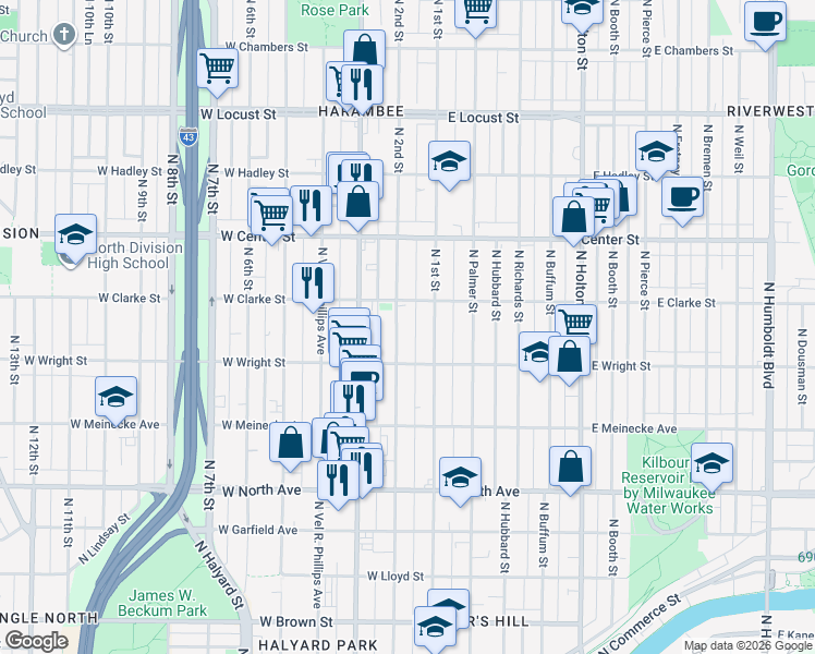 map of restaurants, bars, coffee shops, grocery stores, and more near 2544-2546 North 2nd Street in Milwaukee