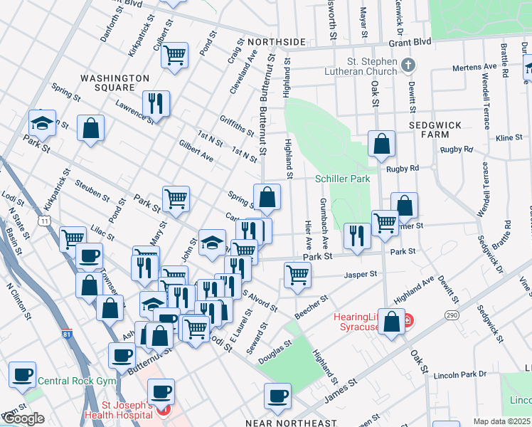 map of restaurants, bars, coffee shops, grocery stores, and more near 1020 Butternut Street in Syracuse
