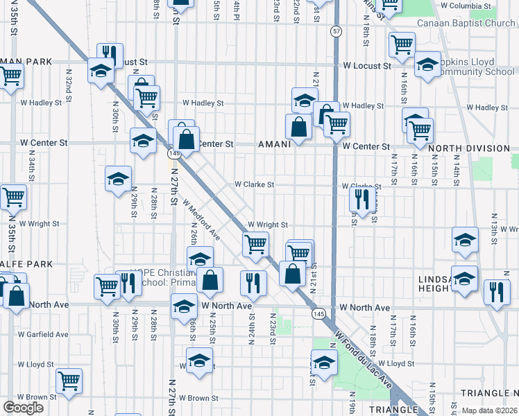 map of restaurants, bars, coffee shops, grocery stores, and more near 2532 North 24th Street in Milwaukee