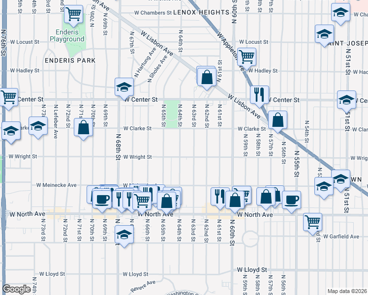 map of restaurants, bars, coffee shops, grocery stores, and more near 2527 North 63rd Street in Wauwatosa