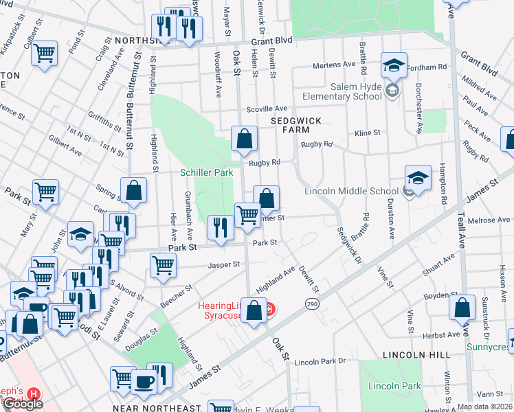 map of restaurants, bars, coffee shops, grocery stores, and more near 209 Helen Street in Syracuse