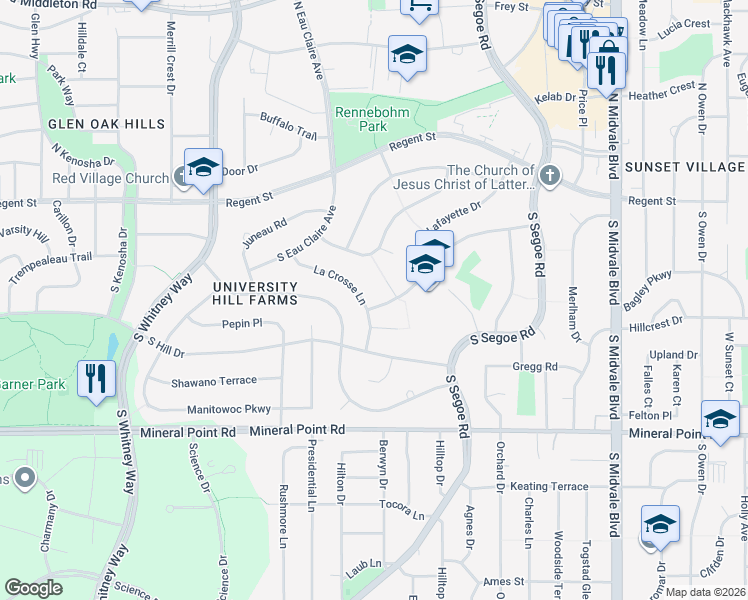 map of restaurants, bars, coffee shops, grocery stores, and more near 5021 La Crosse Ln in Madison