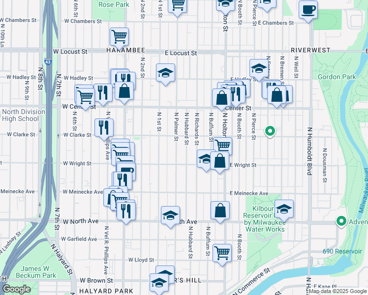 map of restaurants, bars, coffee shops, grocery stores, and more near 2549 North Hubbard Street in Milwaukee