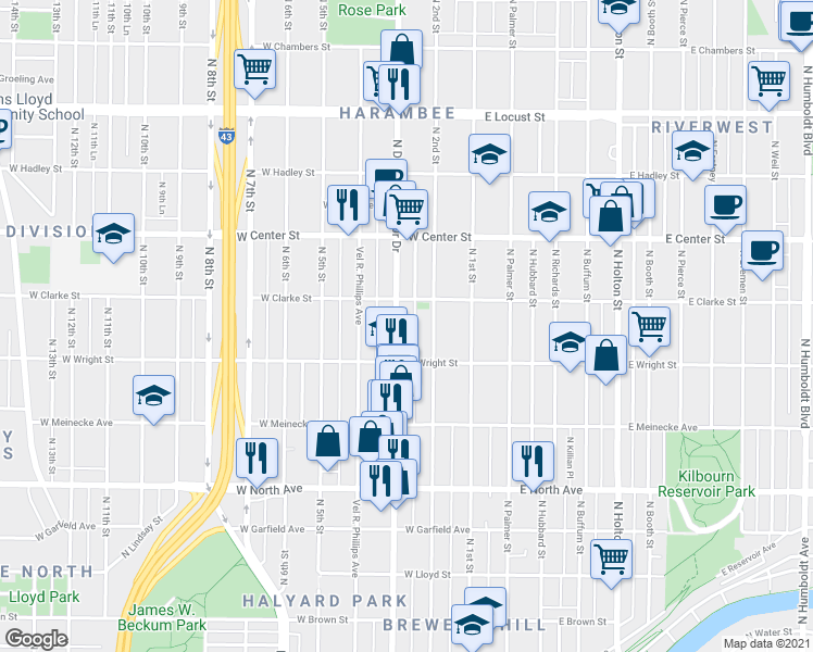 map of restaurants, bars, coffee shops, grocery stores, and more near 2550 North Doctor Martin Luther King Junior Drive in Milwaukee