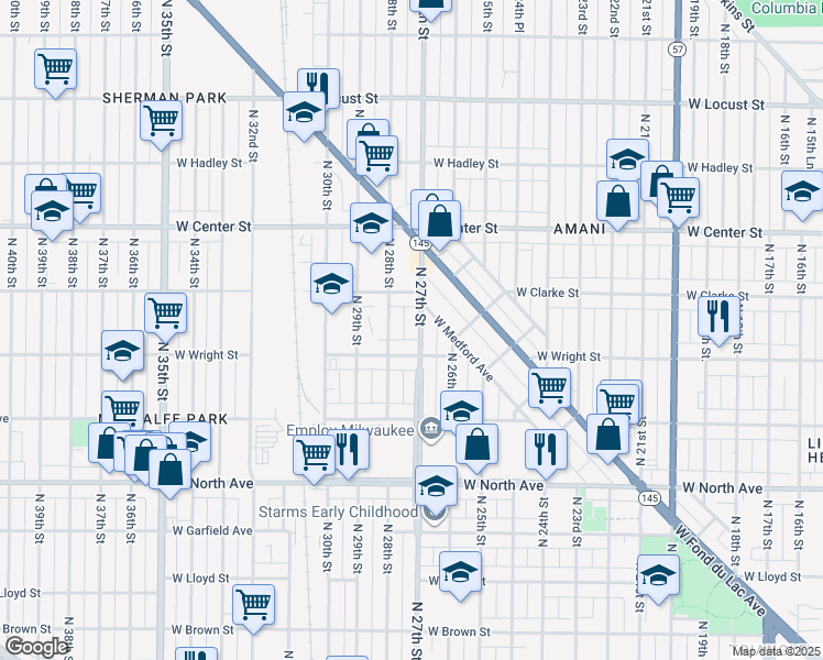 map of restaurants, bars, coffee shops, grocery stores, and more near 2531-2533 North 27th Street in Milwaukee