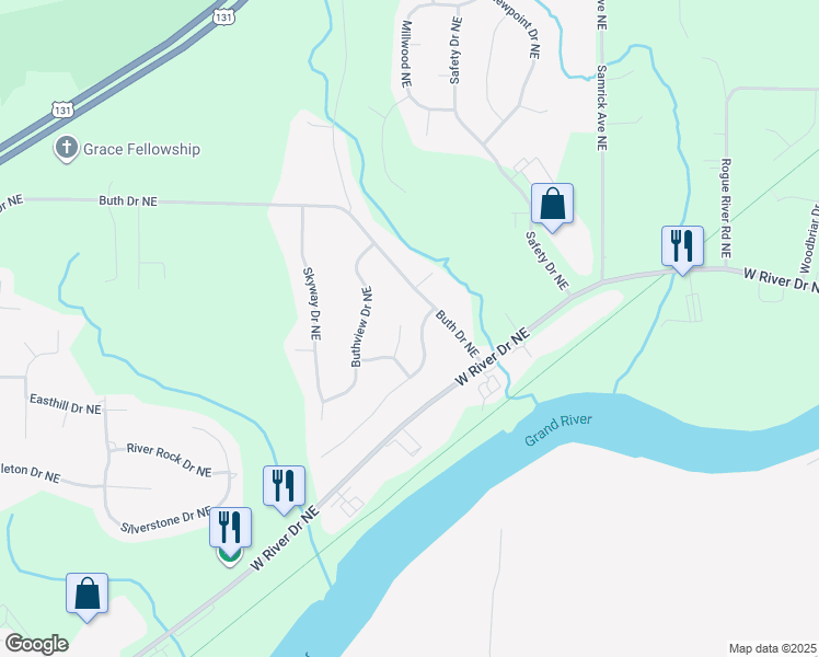 map of restaurants, bars, coffee shops, grocery stores, and more near 5620 Skyhills Court Northeast in Comstock Park