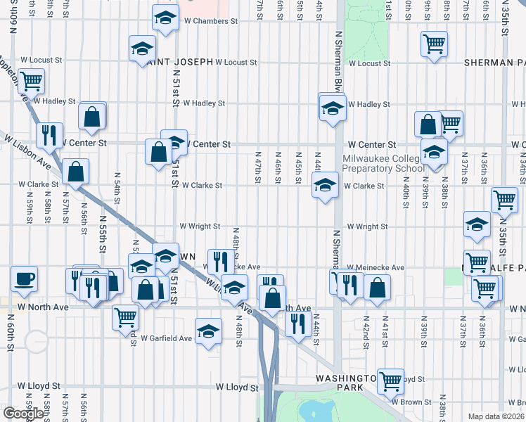 map of restaurants, bars, coffee shops, grocery stores, and more near 2528 N 47th St in Milwaukee