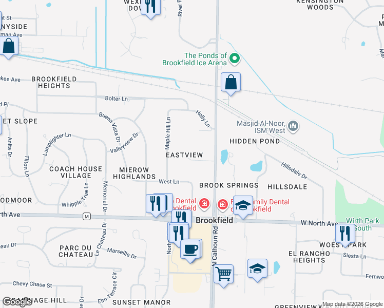 map of restaurants, bars, coffee shops, grocery stores, and more near 17350 Morningview Court in Brookfield
