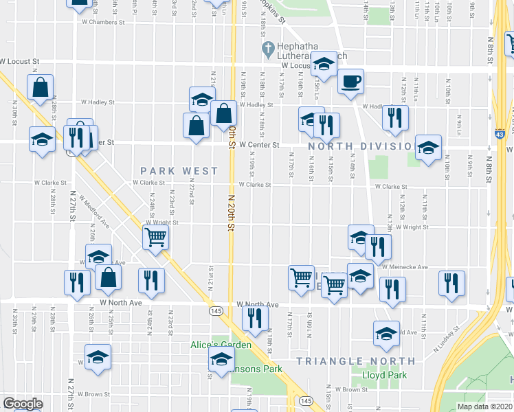 map of restaurants, bars, coffee shops, grocery stores, and more near 2536 North 19th Street in Milwaukee
