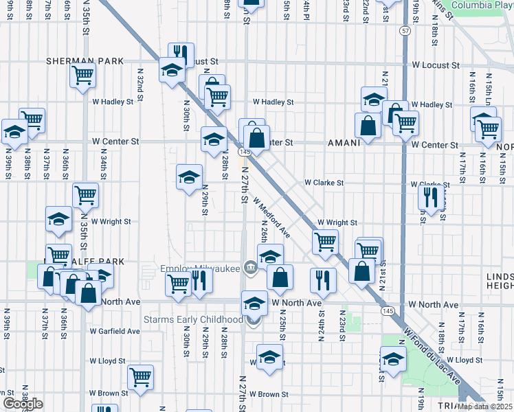 map of restaurants, bars, coffee shops, grocery stores, and more near 2617 W Medford Ave in Milwaukee