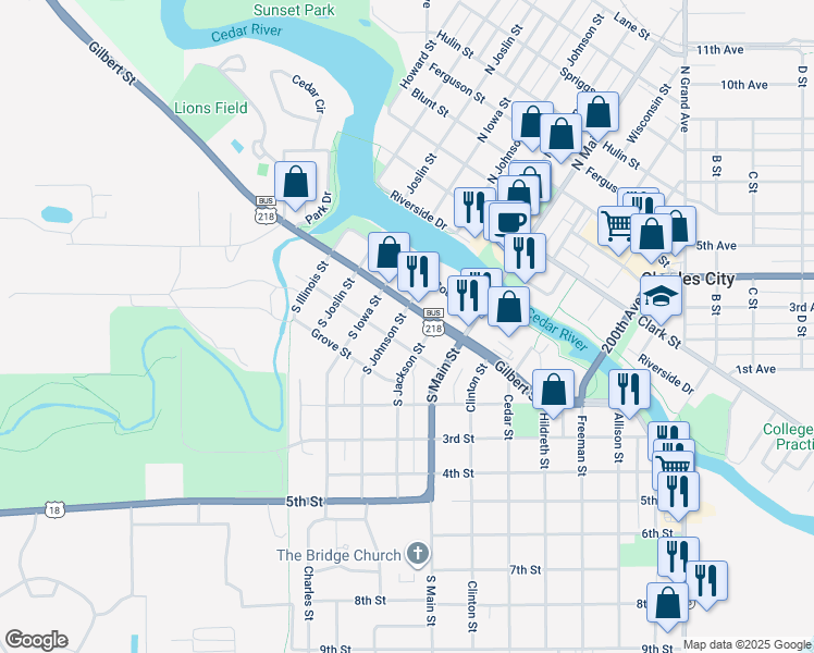 map of restaurants, bars, coffee shops, grocery stores, and more near 204 S Johnson St in Charles City