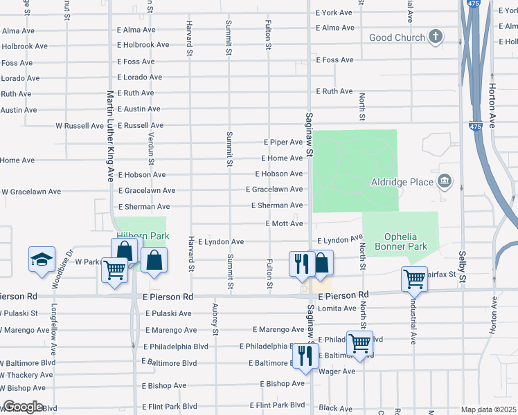 map of restaurants, bars, coffee shops, grocery stores, and more near 512 East Sherman Avenue in Flint