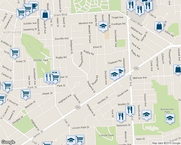 map of restaurants, bars, coffee shops, grocery stores, and more near 100 Wendell Terrace in Syracuse