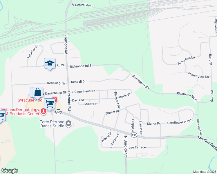 map of restaurants, bars, coffee shops, grocery stores, and more near 143 East Dauenhauer Street in East Syracuse