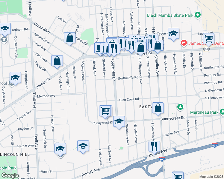 map of restaurants, bars, coffee shops, grocery stores, and more near 236 Forest Hill Drive in Syracuse