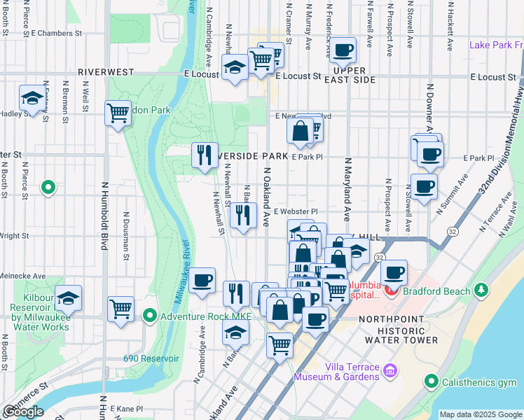 map of restaurants, bars, coffee shops, grocery stores, and more near 2551 North Oakland Avenue in Milwaukee