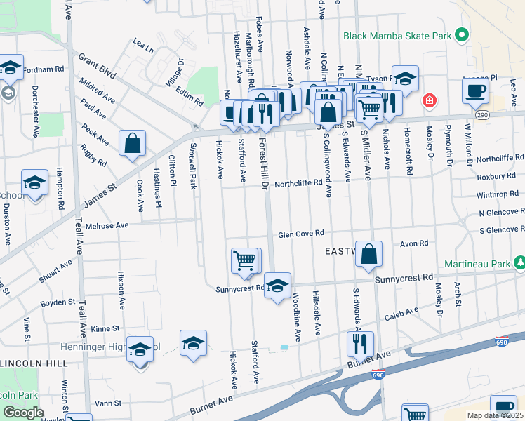 map of restaurants, bars, coffee shops, grocery stores, and more near 236-38 Forest Hill Drive in Syracuse