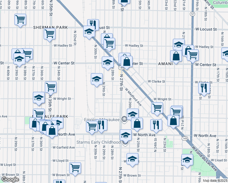 map of restaurants, bars, coffee shops, grocery stores, and more near 2531-2533 North 27th Street in Milwaukee