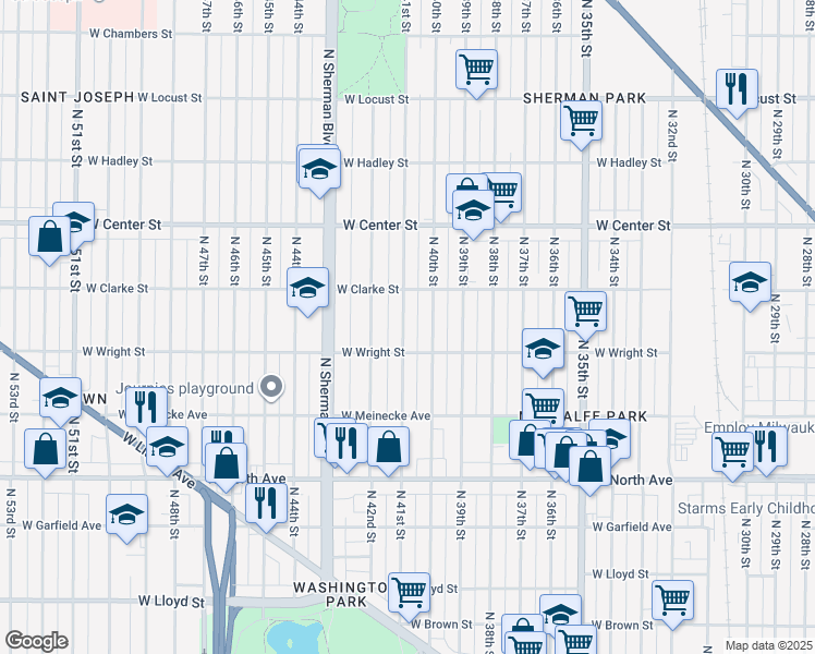 map of restaurants, bars, coffee shops, grocery stores, and more near 2530 North 41st Street in Milwaukee