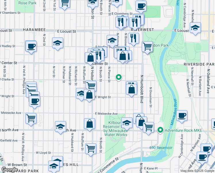 map of restaurants, bars, coffee shops, grocery stores, and more near 2551 North Pierce Street in Milwaukee