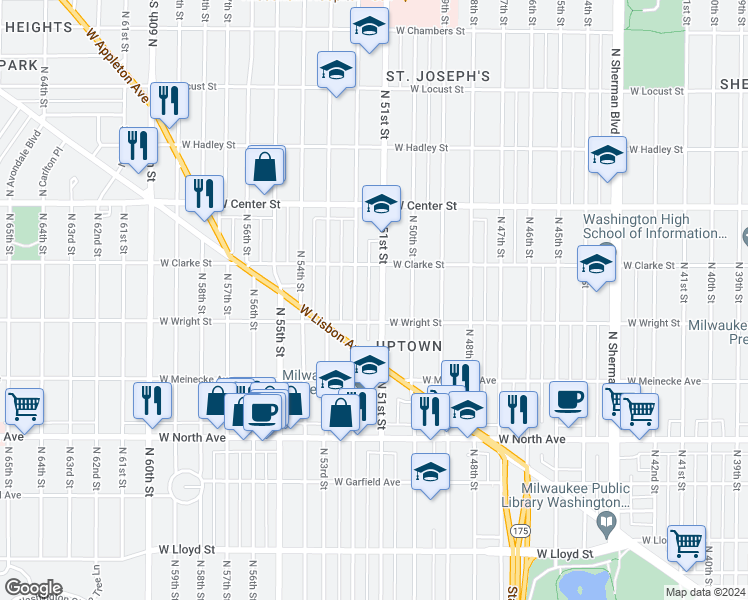 map of restaurants, bars, coffee shops, grocery stores, and more near 2531 North 51st Street in Milwaukee