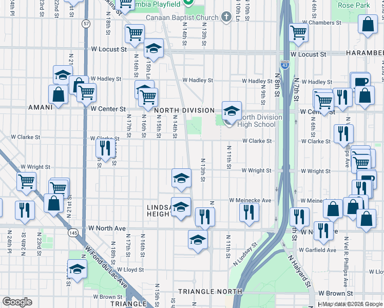 map of restaurants, bars, coffee shops, grocery stores, and more near 2540 North Teutonia Avenue in Milwaukee