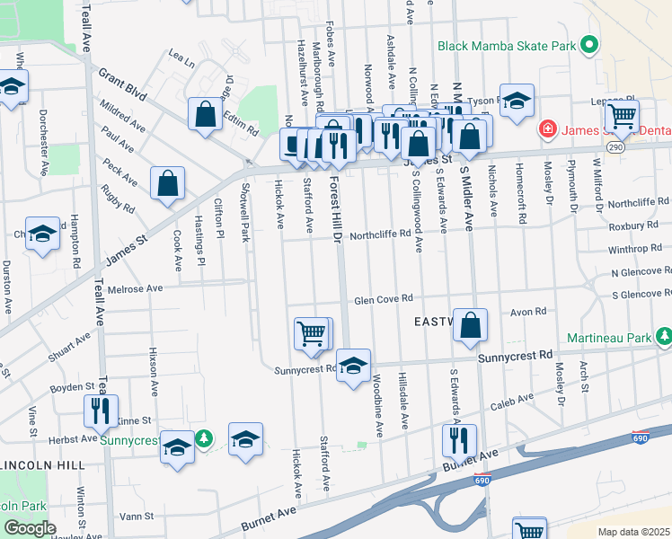 map of restaurants, bars, coffee shops, grocery stores, and more near 236-38 Forest Hill Drive in Syracuse