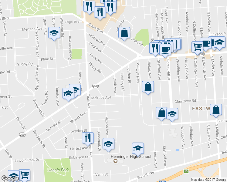 map of restaurants, bars, coffee shops, grocery stores, and more near 172 Cook Avenue in Syracuse