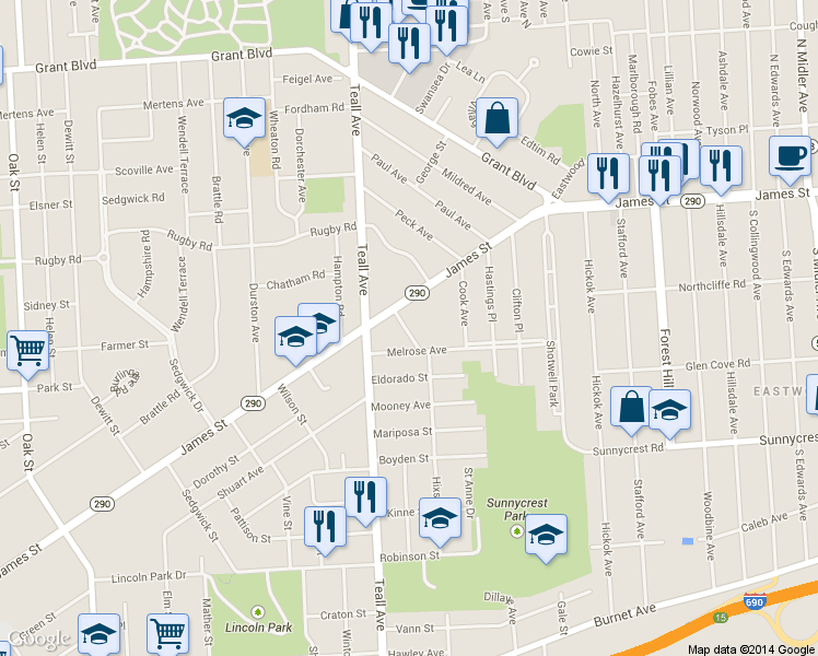 map of restaurants, bars, coffee shops, grocery stores, and more near 133-35 Hixson Avenue in Syracuse