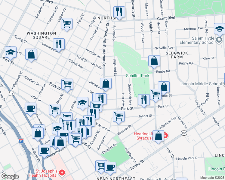 map of restaurants, bars, coffee shops, grocery stores, and more near 918 Highland Street in Syracuse