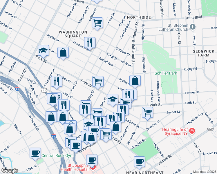 map of restaurants, bars, coffee shops, grocery stores, and more near 710 East Division Street in Syracuse