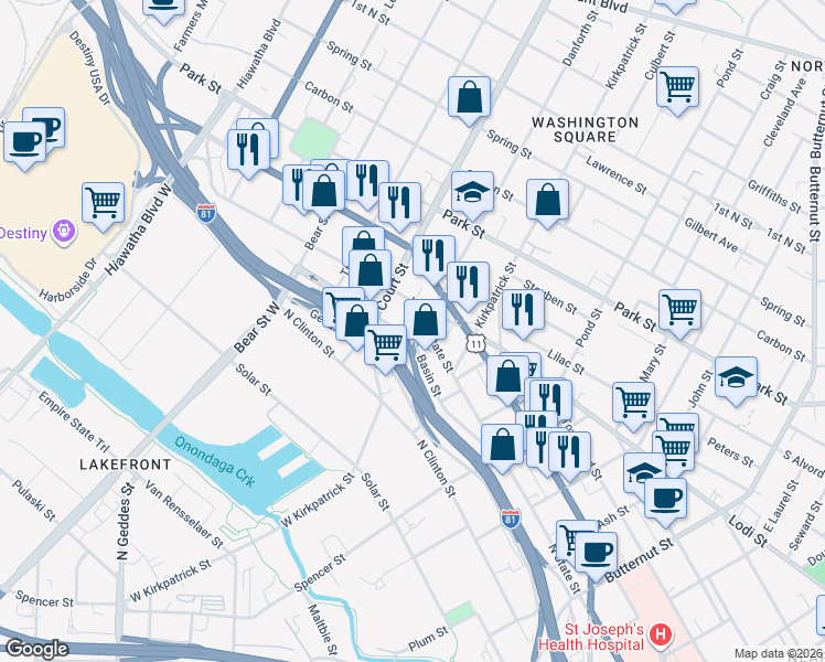 map of restaurants, bars, coffee shops, grocery stores, and more near 206 Sunset Avenue in Syracuse