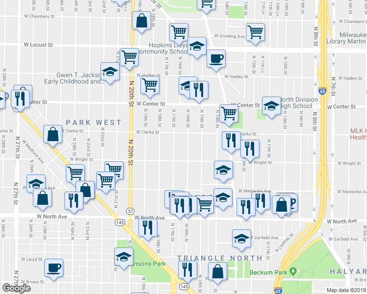 map of restaurants, bars, coffee shops, grocery stores, and more near 2539 North 16th Street in Milwaukee