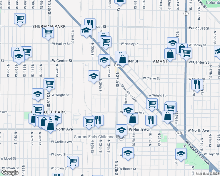 map of restaurants, bars, coffee shops, grocery stores, and more near 2531-2533 North 27th Street in Milwaukee