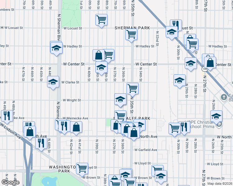 map of restaurants, bars, coffee shops, grocery stores, and more near 2531 North 37th Street in Milwaukee
