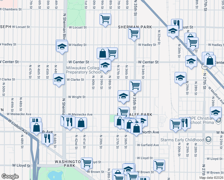 map of restaurants, bars, coffee shops, grocery stores, and more near 2531 North 37th Street in Milwaukee