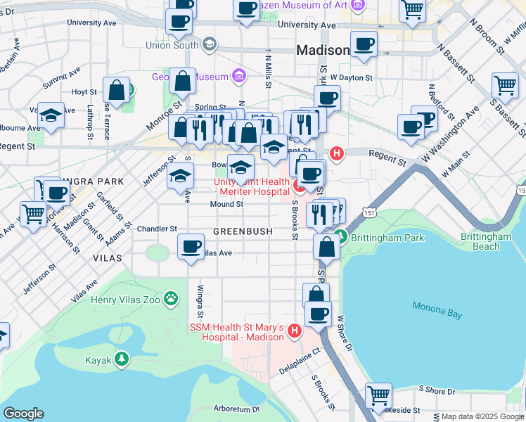 map of restaurants, bars, coffee shops, grocery stores, and more near 206 South Mills Street in Madison