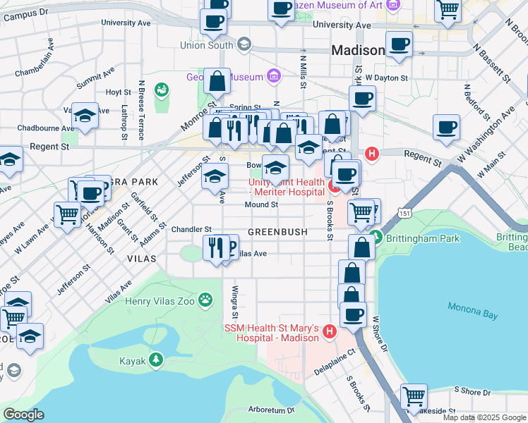 map of restaurants, bars, coffee shops, grocery stores, and more near 1207 Mound Street in Madison