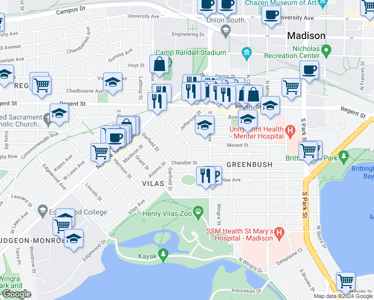 map of restaurants, bars, coffee shops, grocery stores, and more near 1443 Mound Street in Madison