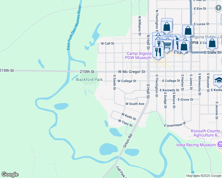 map of restaurants, bars, coffee shops, grocery stores, and more near 430 South Smith Street in Algona