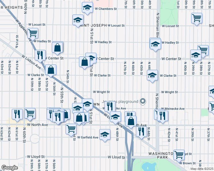 map of restaurants, bars, coffee shops, grocery stores, and more near 2529 North 49th Street in Milwaukee