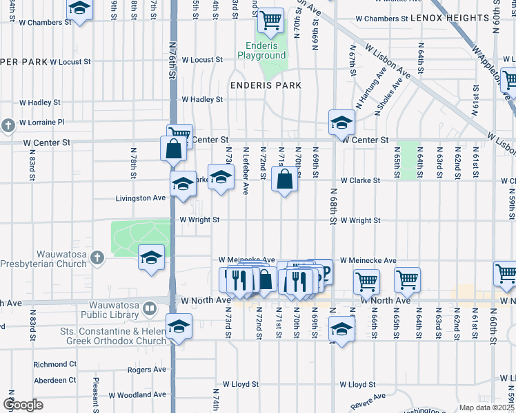 map of restaurants, bars, coffee shops, grocery stores, and more near 2527 North 72nd Street in Wauwatosa