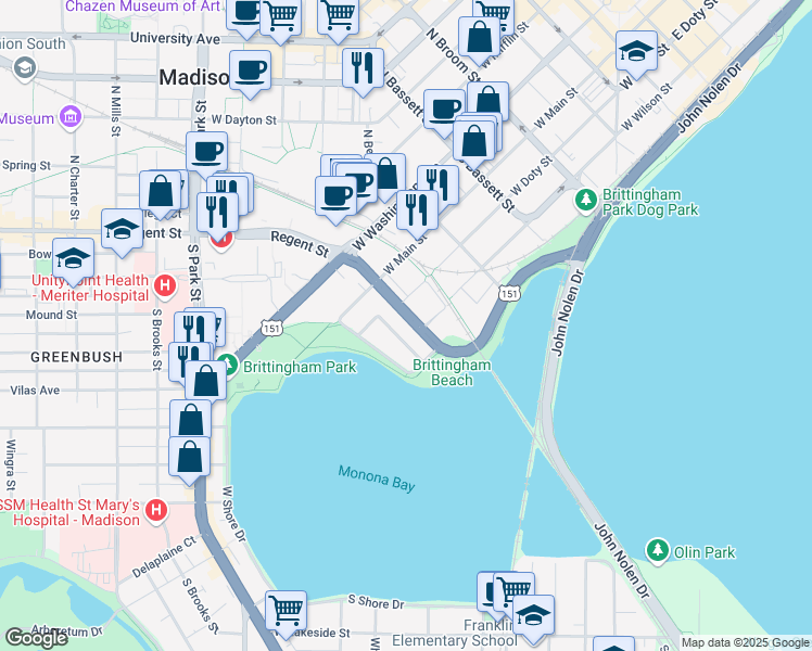 map of restaurants, bars, coffee shops, grocery stores, and more near 146 Proudfit Street in Madison