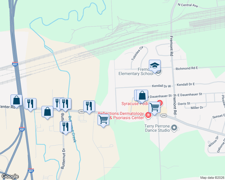 map of restaurants, bars, coffee shops, grocery stores, and more near 6063 Manlius Town Line Road in East Syracuse