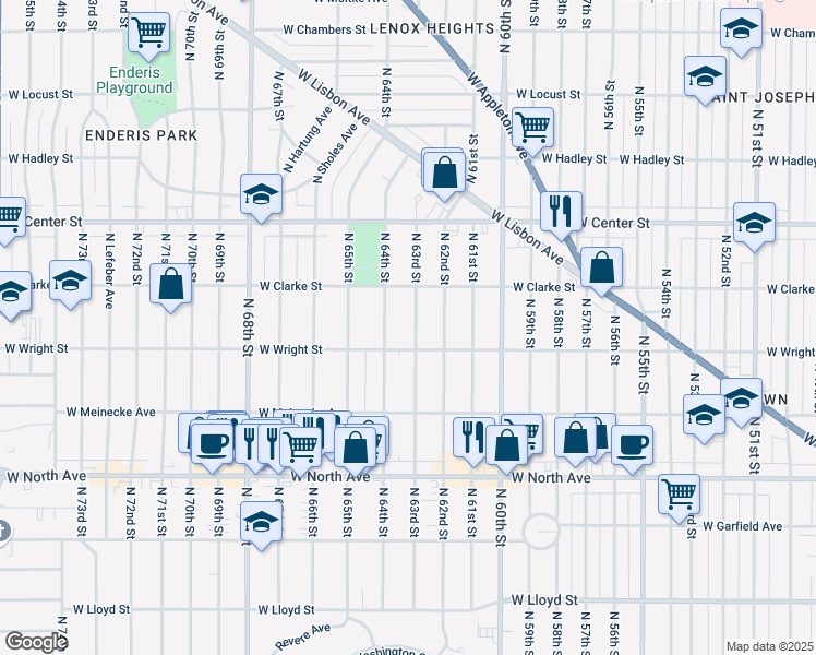 map of restaurants, bars, coffee shops, grocery stores, and more near 2527 North 63rd Street in Wauwatosa