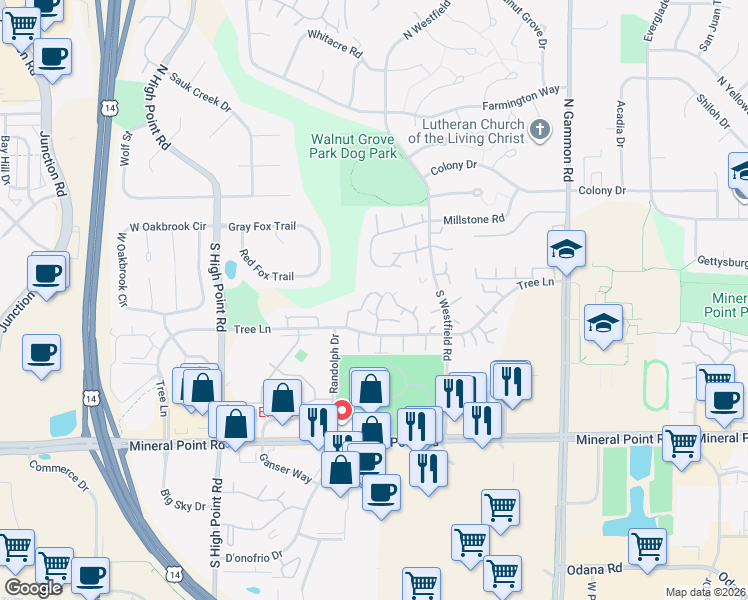map of restaurants, bars, coffee shops, grocery stores, and more near 104 Pine Ridge Trail in Madison