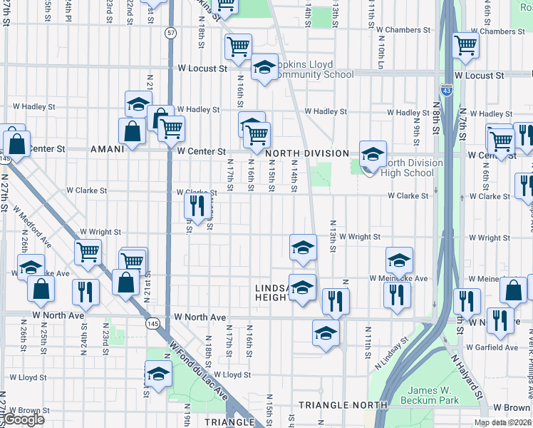 map of restaurants, bars, coffee shops, grocery stores, and more near 2541 North 15th Street in Milwaukee