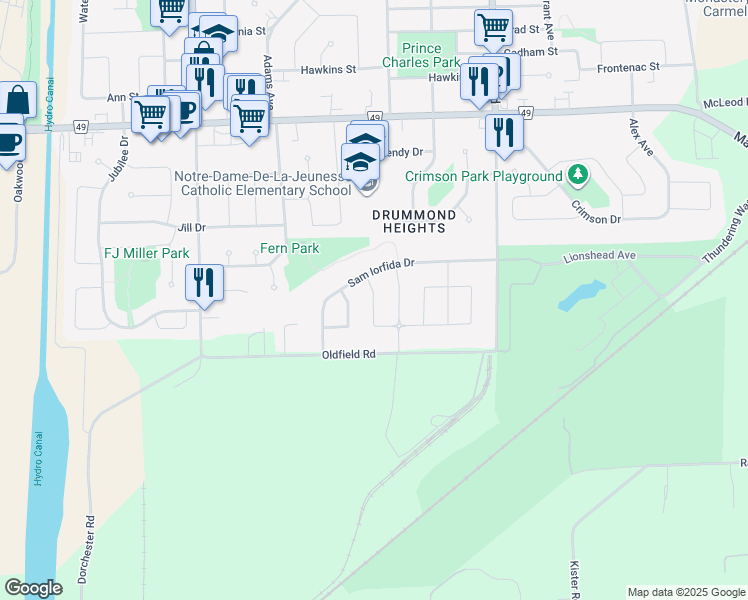 map of restaurants, bars, coffee shops, grocery stores, and more near Hanniwell Street in Niagara Falls